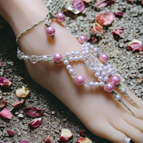 NEW Crystal & Pink Beaded Barefoot Sandals. Belly dance foot jewelry. - Picture 2 of 5